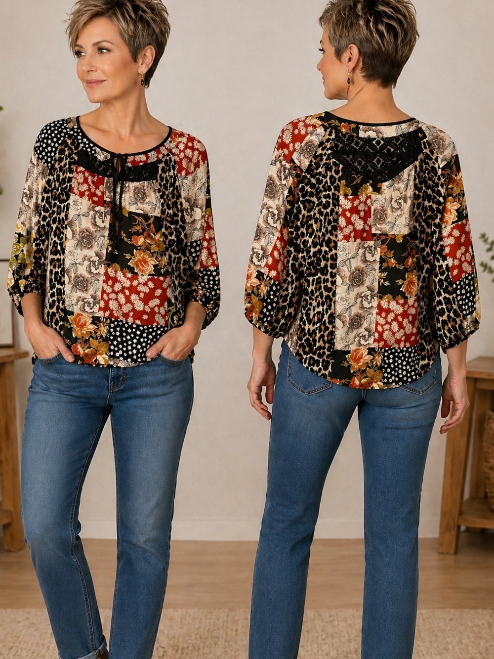fig and flower Boho Patchwork Floral & Leopard Print Blouse - Red, Black, Cream